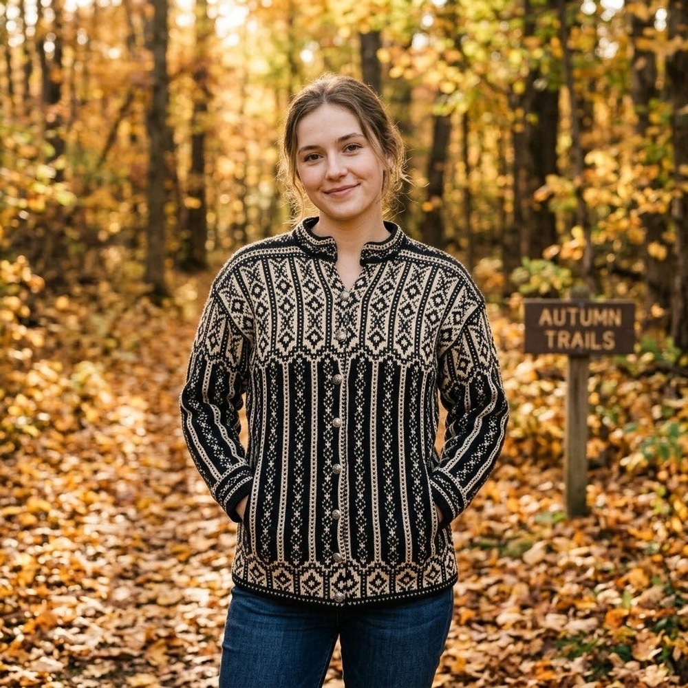 Jantzen Norway Virgin Wool Nordic Cardigan Sweater Black Cream Fair Isle Women M